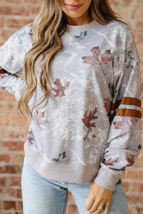 Relaxed Fit Leaf Print Varsity Stripe Pullover Sweatshirt