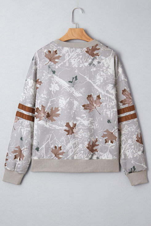 Relaxed Fit Leaf Print Varsity Stripe Pullover Sweatshirt