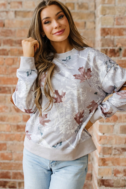 Relaxed Fit Leaf Print Varsity Stripe Pullover Sweatshirt
