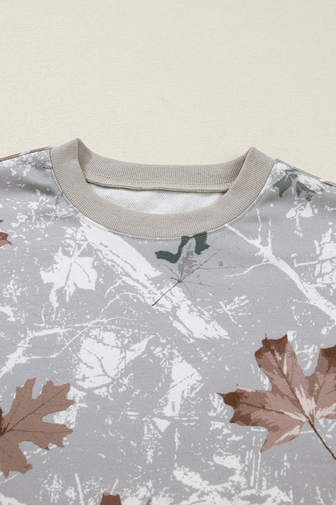 Relaxed Fit Leaf Print Varsity Stripe Pullover Sweatshirt