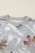 Relaxed Fit Leaf Print Varsity Stripe Pullover Sweatshirt