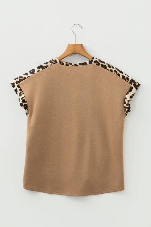 Relaxed Fit Leopard Print Accent Round Neck T Shirt