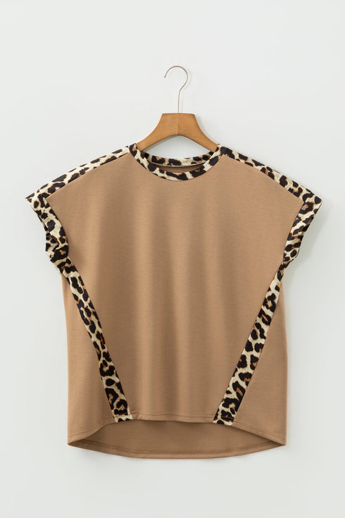 Relaxed Fit Leopard Print Accent Round Neck T Shirt