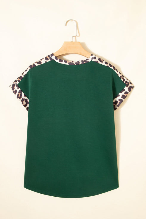 Relaxed Fit Leopard Print Accent Round Neck T Shirt