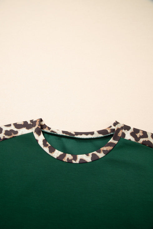 Relaxed Fit Leopard Print Accent Round Neck T Shirt