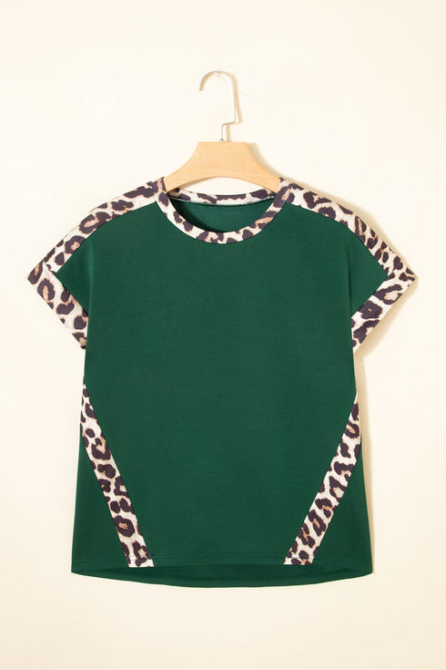 Relaxed Fit Leopard Print Accent Round Neck T Shirt