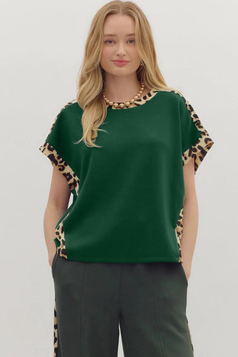 Relaxed Fit Leopard Print Accent Round Neck T Shirt