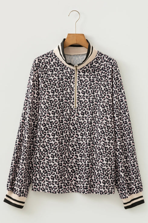 Relaxed Fit Leopard Print Half Zip Collar Blouse