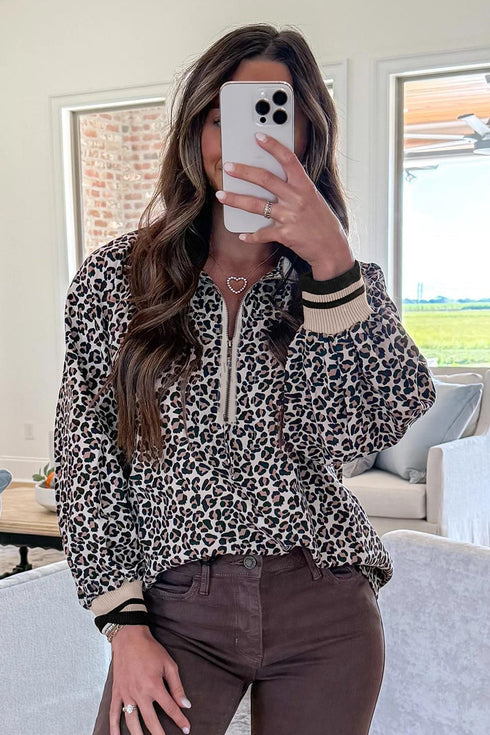 Relaxed Fit Leopard Print Half Zip Collar Blouse