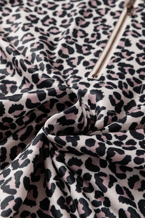 Relaxed Fit Leopard Print Half Zip Collar Blouse