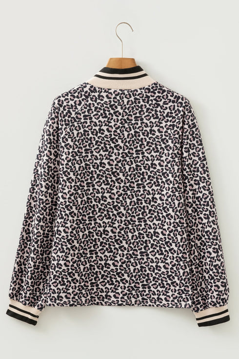 Relaxed Fit Leopard Print Half Zip Collar Blouse