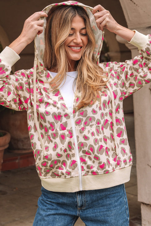 Relaxed Fit Leopard Print Zip Up Hoodie