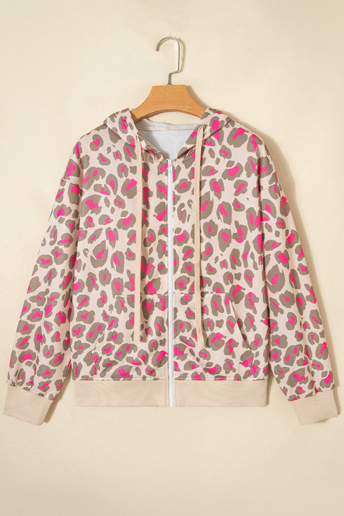 Relaxed Fit Leopard Print Zip Up Hoodie