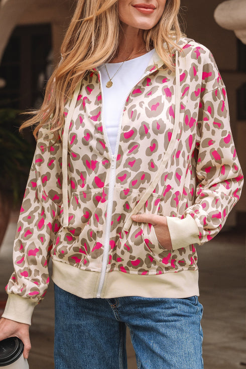 Relaxed Fit Leopard Print Zip Up Hoodie