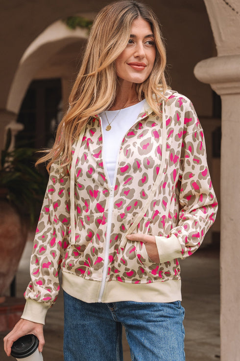 Relaxed Fit Leopard Print Zip Up Hoodie