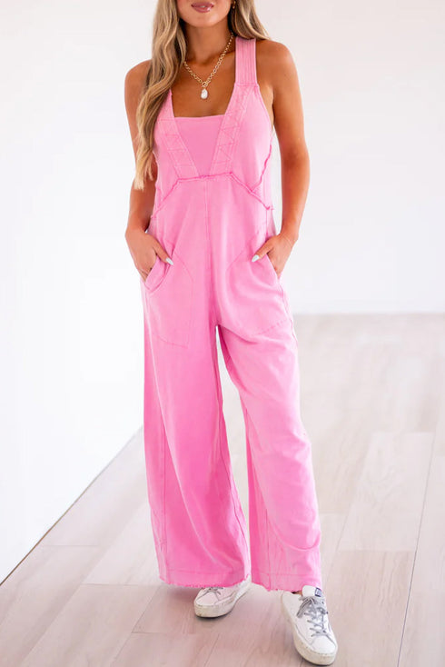 Relaxed Fit Mineral Wash Raw Seam Wide Leg Jumpsuit Overalls