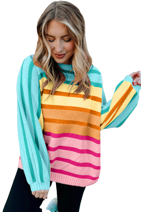 Relaxed Fit Mixed Stripe Mock Neck Pullover Sweater