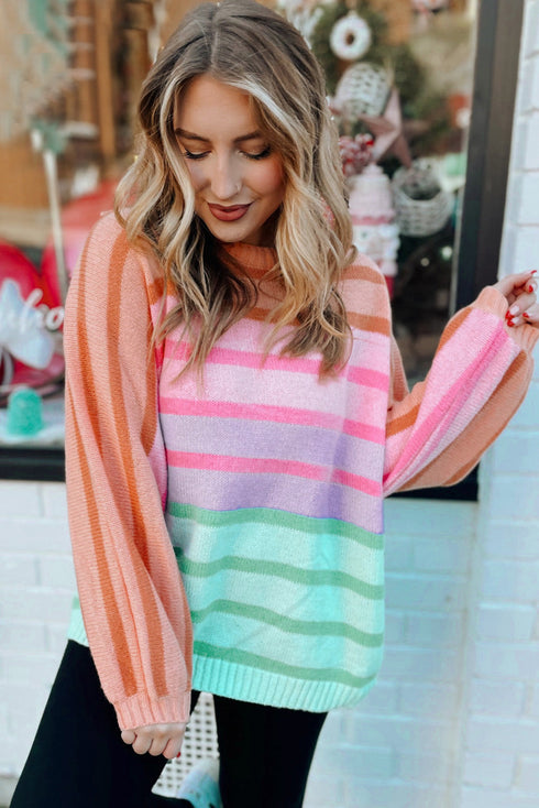 Relaxed Fit Mixed Stripe Mock Neck Pullover Sweater