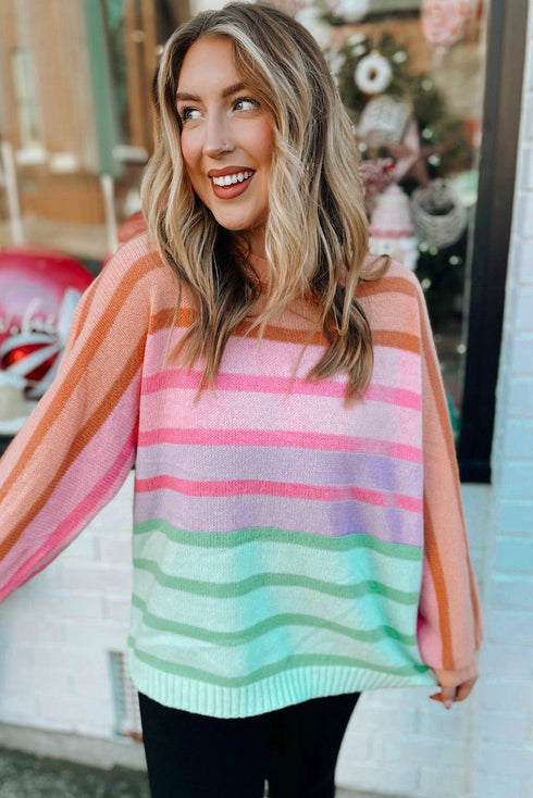 Relaxed Fit Mixed Stripe Mock Neck Pullover Sweater
