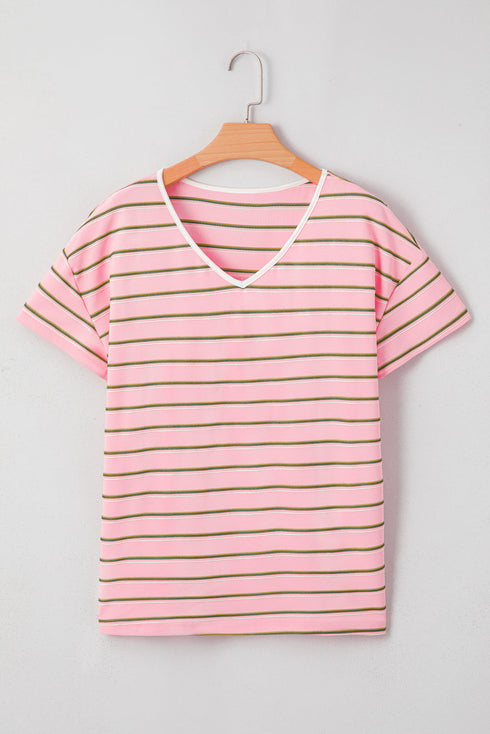Relaxed Fit Multi Stripe V Neck Casual Tee With Contrast Trim