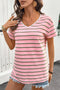 Relaxed Fit Multi Stripe V Neck Casual Tee With Contrast Trim