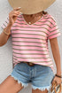 Relaxed Fit Multi Stripe V Neck Casual Tee With Contrast Trim