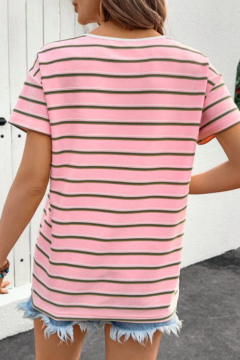 Relaxed Fit Multi Stripe V Neck Casual Tee With Contrast Trim