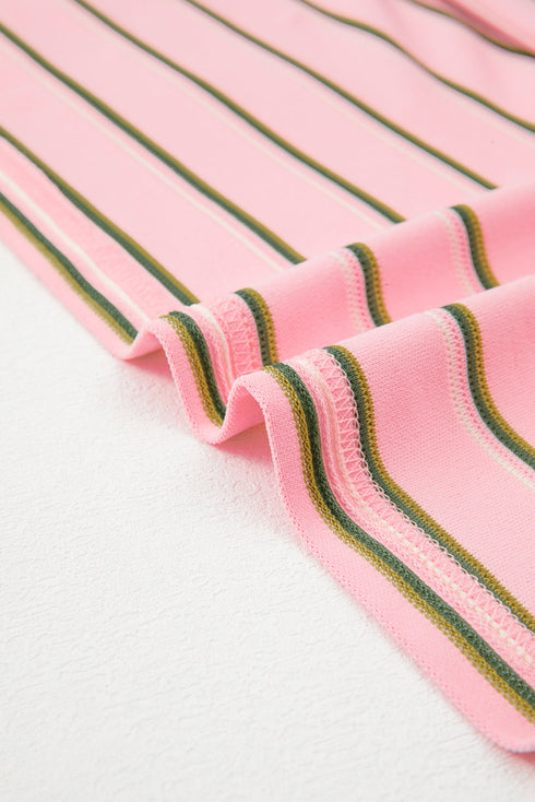 Relaxed Fit Multi Stripe V Neck Casual Tee With Contrast Trim