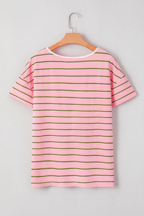 Relaxed Fit Multi Stripe V Neck Casual Tee With Contrast Trim