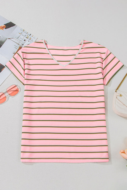 Relaxed Fit Multi Stripe V Neck Casual Tee With Contrast Trim