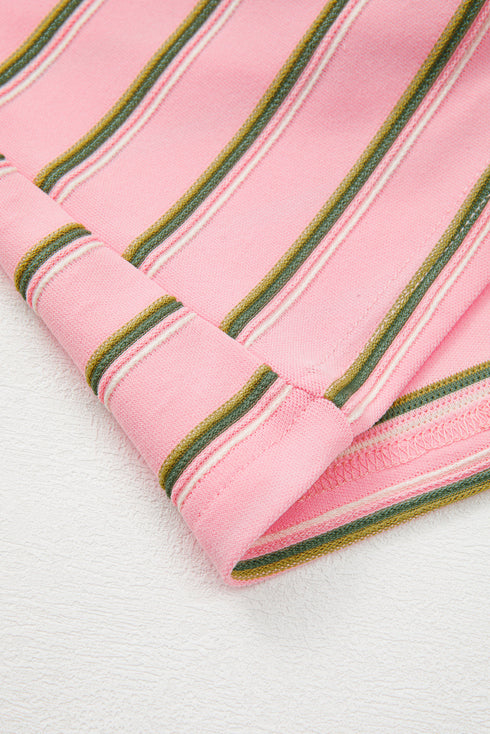 Relaxed Fit Multi Stripe V Neck Casual Tee With Contrast Trim