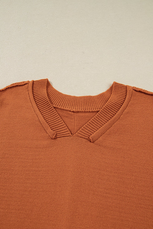 Relaxed Fit Notched Neckline Contrast Sleeve Sweater