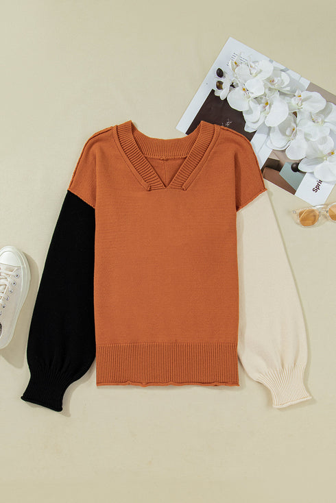 Relaxed Fit Notched Neckline Contrast Sleeve Sweater