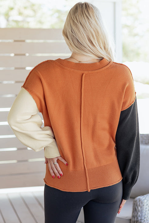 Relaxed Fit Notched Neckline Contrast Sleeve Sweater