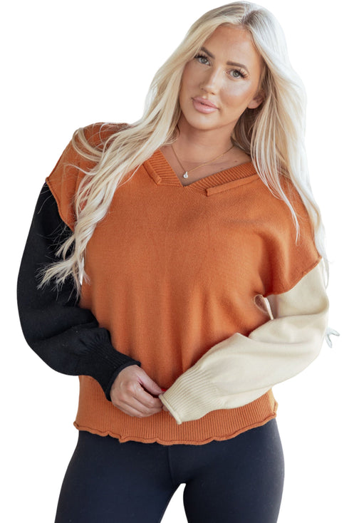 Relaxed Fit Notched Neckline Contrast Sleeve Sweater