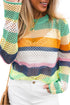 Relaxed Fit Open Knit Striped Crew Neck Pullover Sweater