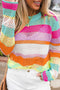 Relaxed Fit Open Knit Striped Crew Neck Pullover Sweater