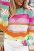 Relaxed Fit Open Knit Striped Crew Neck Pullover Sweater