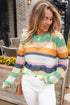 Relaxed Fit Open Knit Striped Crew Neck Pullover Sweater