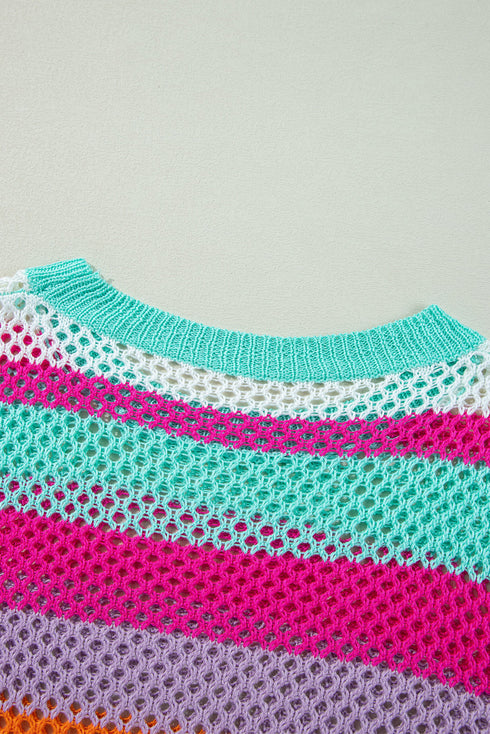 Relaxed Fit Open Knit Striped Crew Neck Pullover Sweater