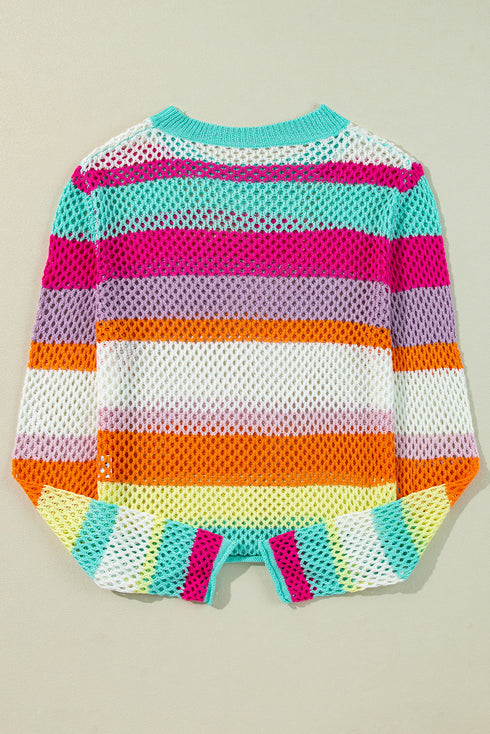 Relaxed Fit Open Knit Striped Crew Neck Pullover Sweater