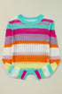 Relaxed Fit Open Knit Striped Crew Neck Pullover Sweater
