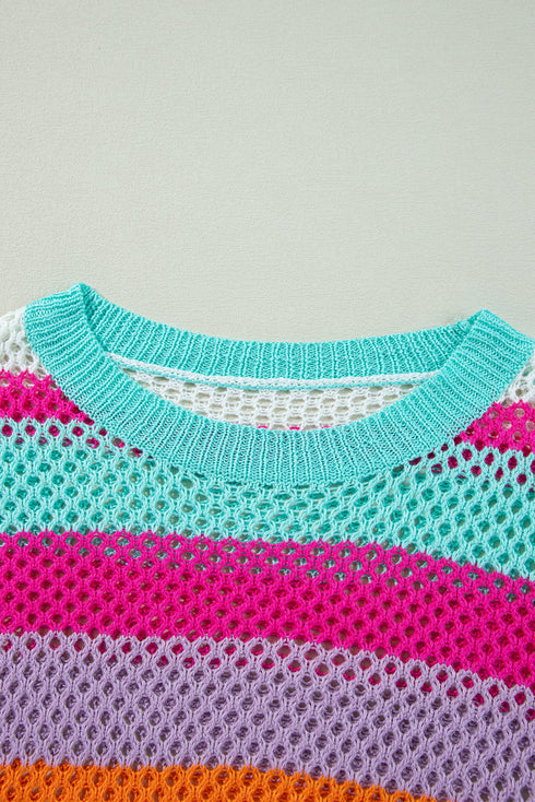 Relaxed Fit Open Knit Striped Crew Neck Pullover Sweater