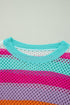 Relaxed Fit Open Knit Striped Crew Neck Pullover Sweater