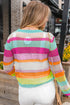 Relaxed Fit Open Knit Striped Crew Neck Pullover Sweater