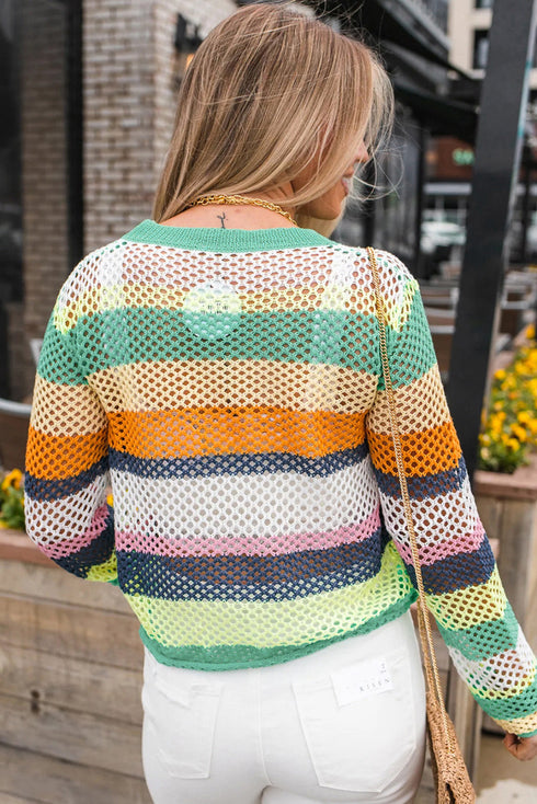 Relaxed Fit Open Knit Striped Crew Neck Pullover Sweater