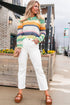 Relaxed Fit Open Knit Striped Crew Neck Pullover Sweater