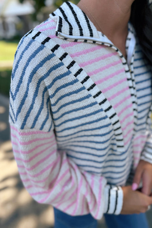 Relaxed Fit Patchwork Stripe Half Zip Pullover Top