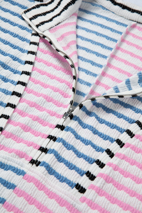 Relaxed Fit Patchwork Stripe Half Zip Pullover Top