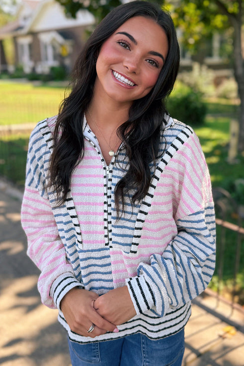 Relaxed Fit Patchwork Stripe Half Zip Pullover Top